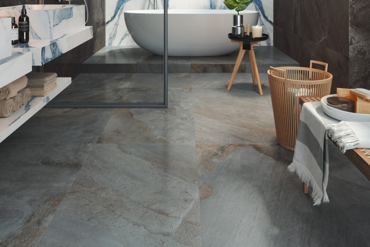 gray slate tile bathroom
