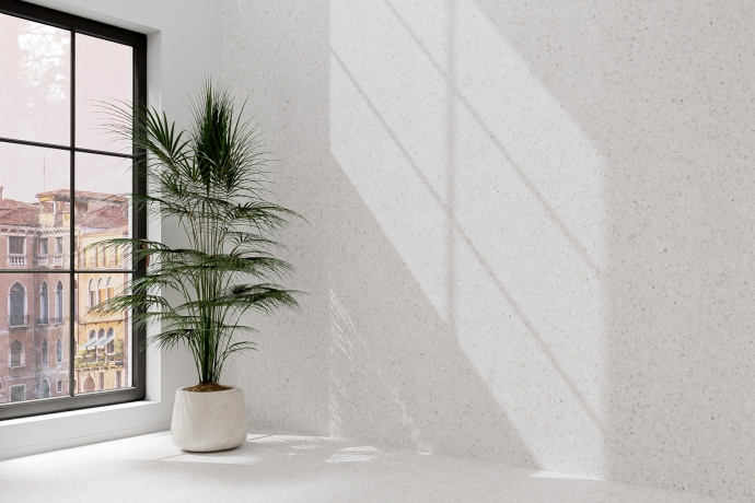 Large slabs in the classic white and gray Venetian terrazzo floor