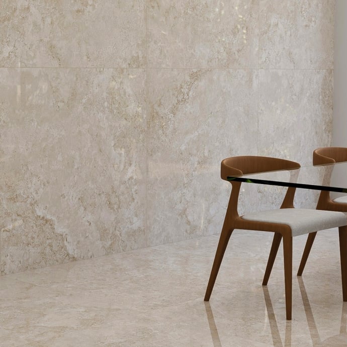 Crosscut beige travertine glossy marble