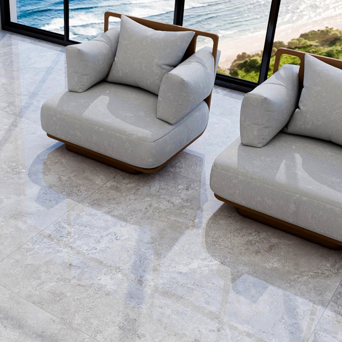 Crosscut grey travertine glossy marble