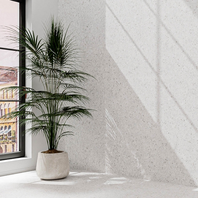 Large slabs in the classic white and gray Venetian terrazzo floor