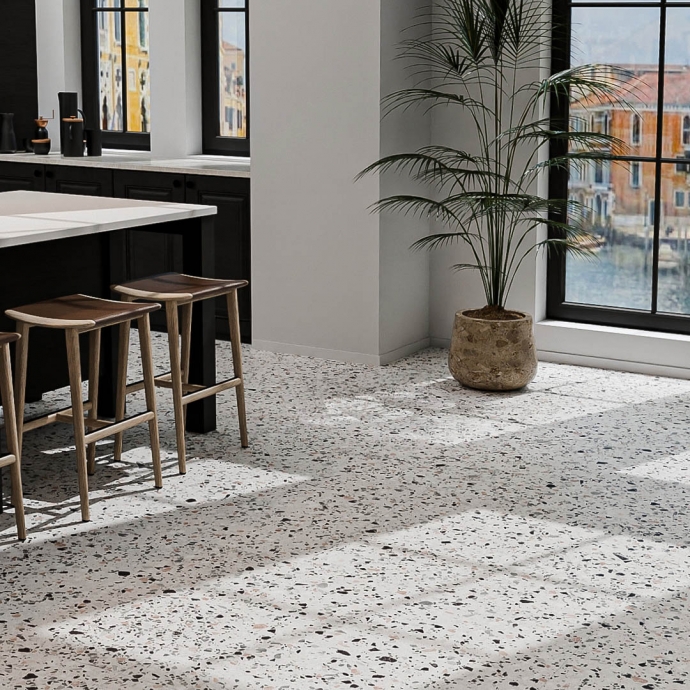 Classic venetian terrazzo floor white and black