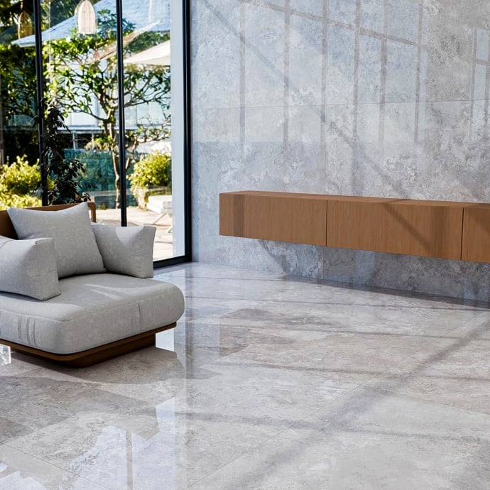 Crosscut grey travertine glossy marble