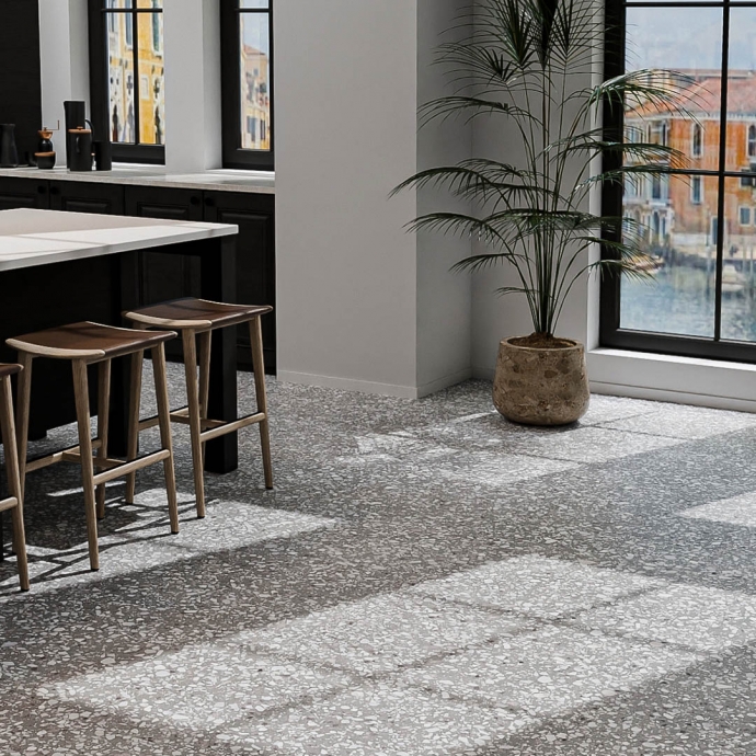 Classic venetian terrazzo floor grey and white