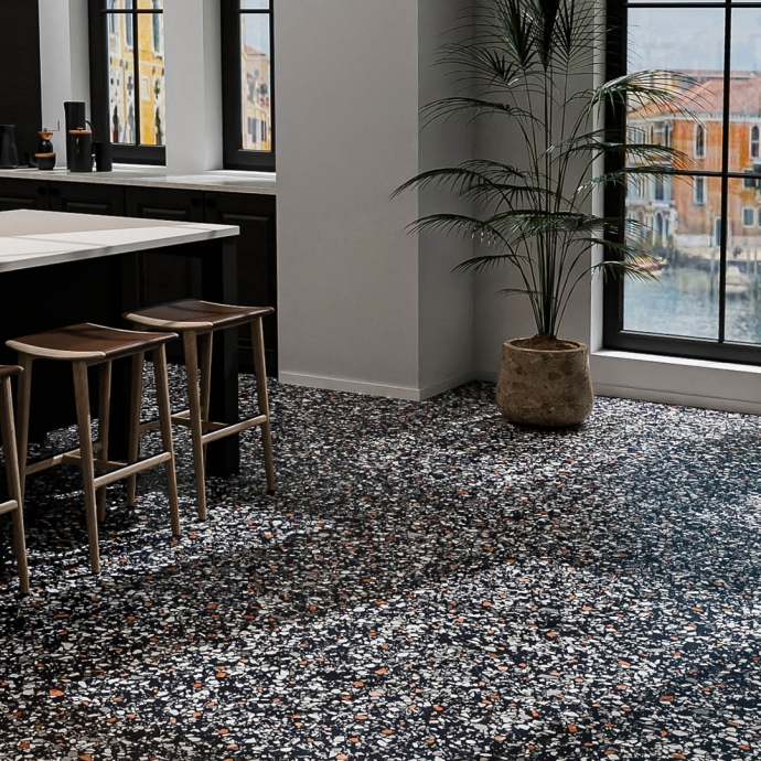 Classic venetian terrazzo floor black and white