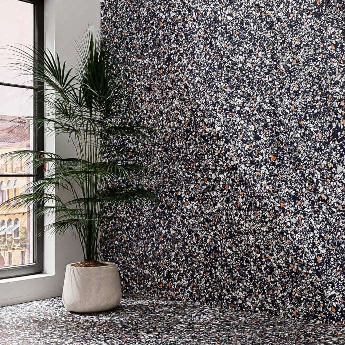 Large slabs in the classic black and white Venetian terrazzo floor