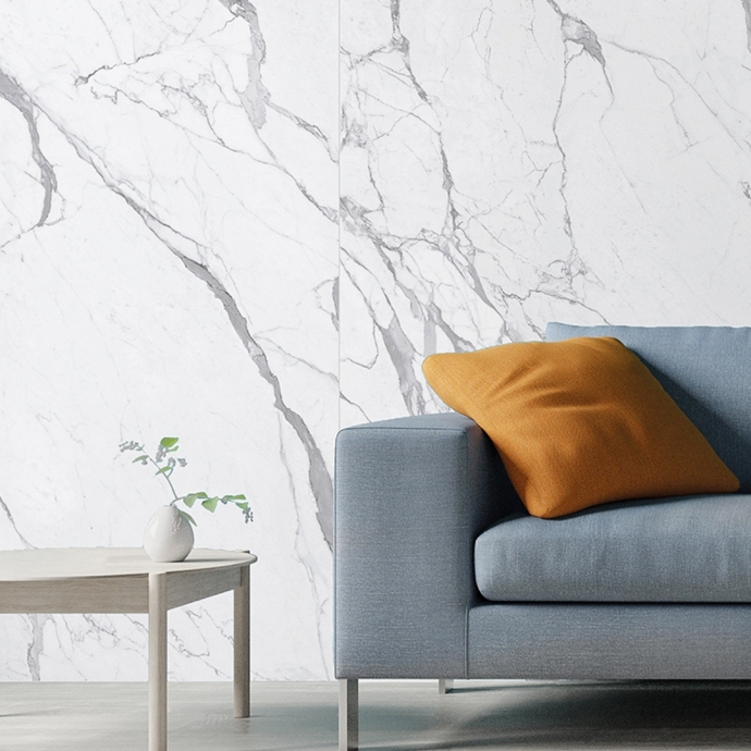 Glossy Statuario marble with diagonal grey lines