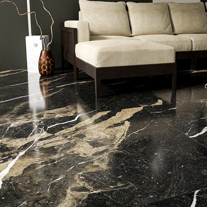 Marmo nero lucido con venature beige