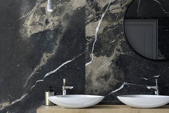 Black glossy marble with beige veins