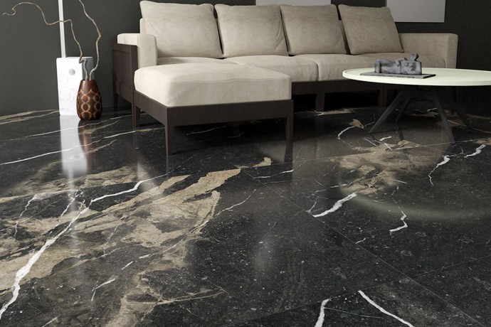 Black glossy marble with beige veins